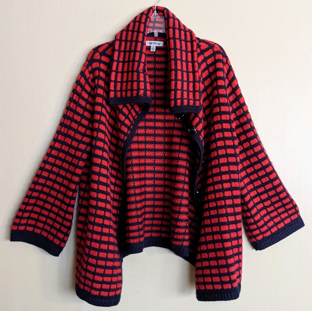 Beth Bowley Cardigan Sweater Red Blue Wool Cowl Neck Check Size Small - Picture 6 of 15